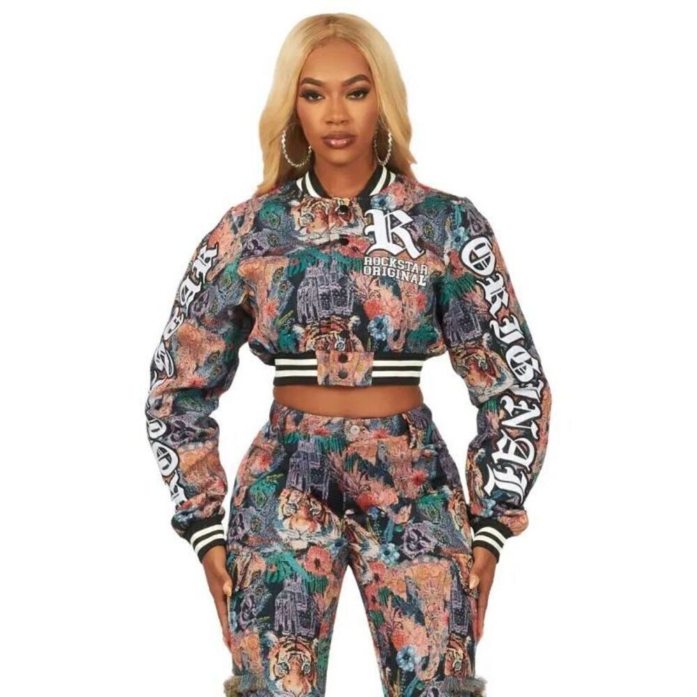 Rockstar Original Women's XL Rena Black Cropped Tapestry Varsity Jacket Button-u